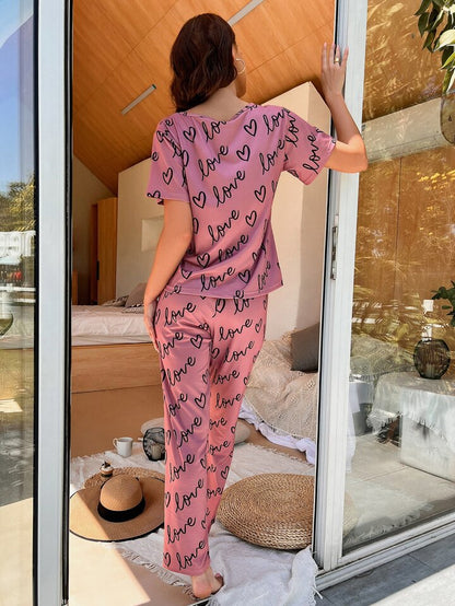 T-Pink Love Heart Printed Night Suit