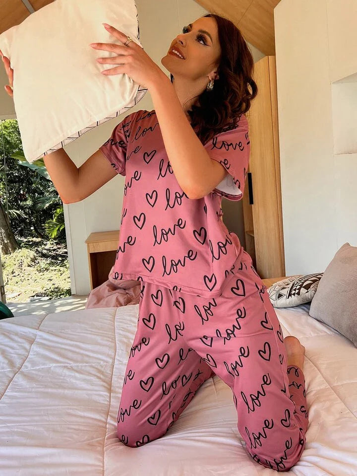 T-Pink Love Heart Printed Night Suit