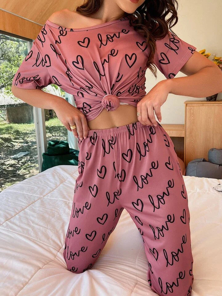 T-Pink Love Heart Printed Night Suit