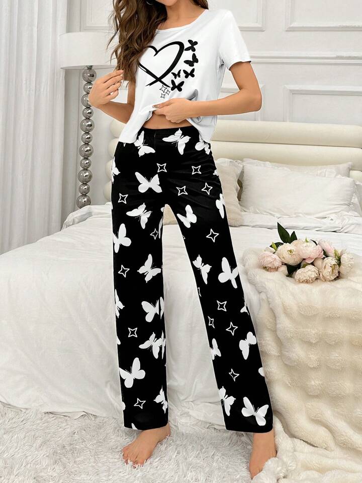 White Heart & Butterfly Printed Night Suit