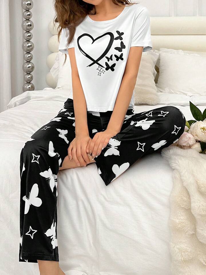 White Heart & Butterfly Printed Night Suit