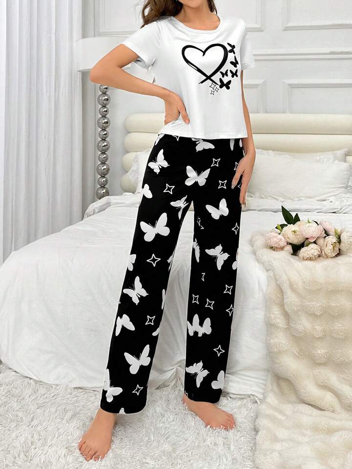 White Heart & Butterfly Printed Night Suit