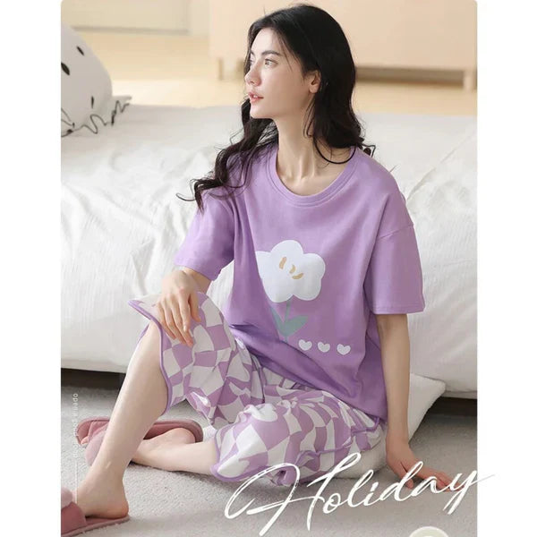 Purple Flower Printed Night Suit