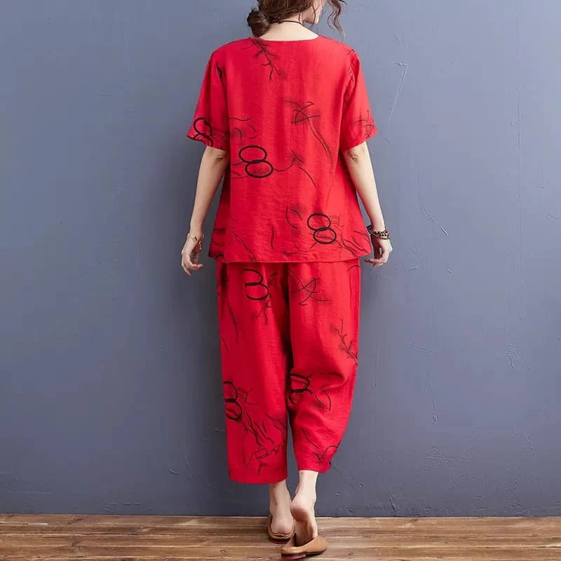 Red Ring Printed Capri Night Suit