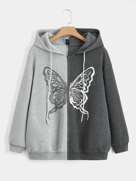 Charcoal With Grey Butterfly Zipper Hoodie