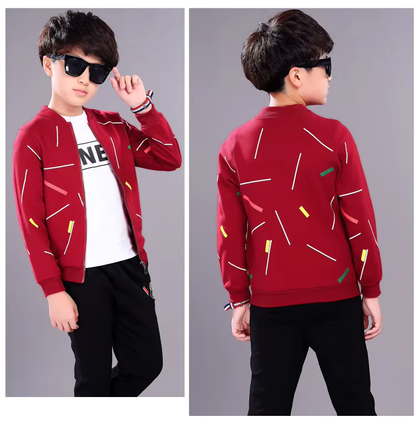 Kids Red Printed Zipper Jacket With Trouser (2 Piece)