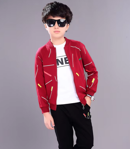 Kids Red Printed Zipper Jacket With Trouser (2 Piece)