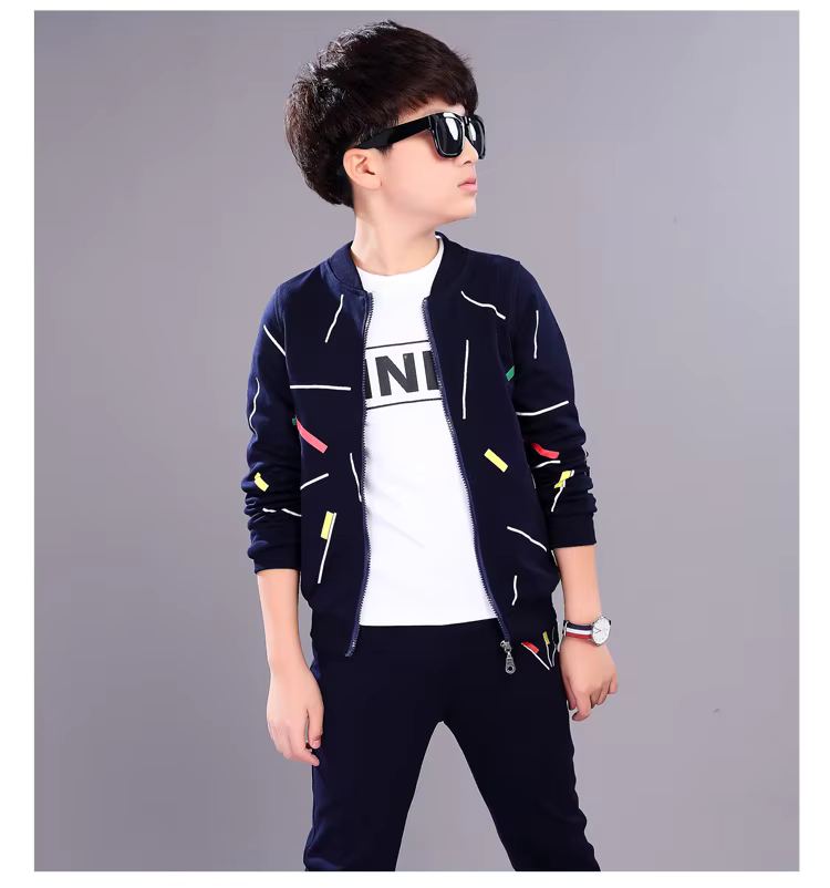 Kids Blue Printed Zipper Jacket With Trouser (2 Piece)