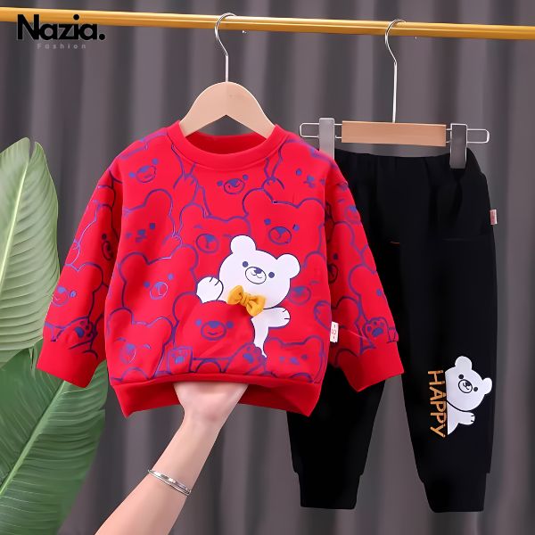 Red Bears Print Sweatshirt With Trouser For Kids (2 Piece)