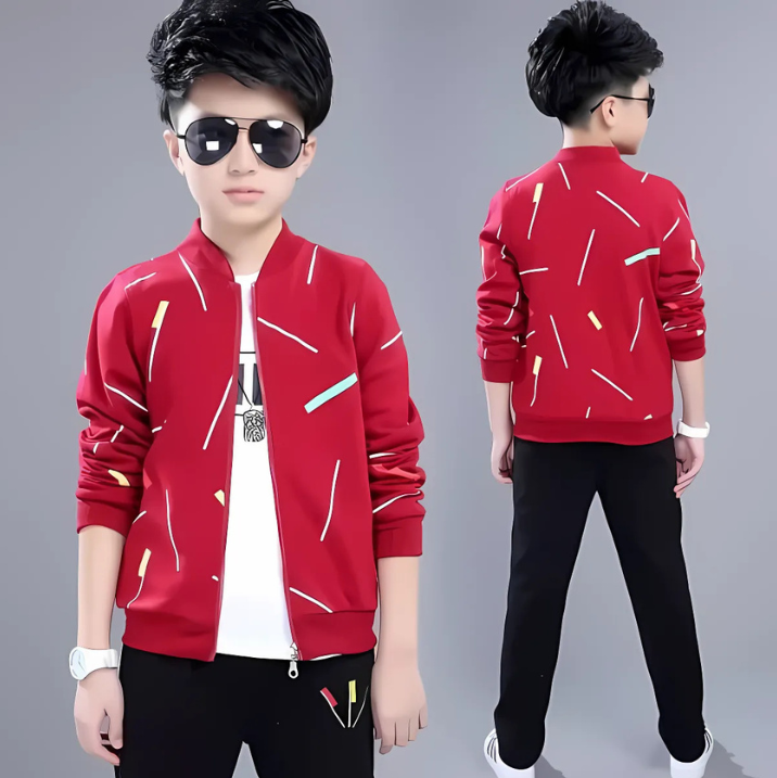 Kids Red Printed Zipper Jacket With Trouser (2 Piece)