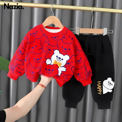 Red Bears Print Sweatshirt With Trouser For Kids (2 Piece)