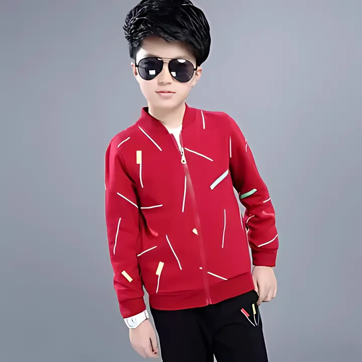 Kids Red Printed Zipper Jacket With Trouser (2 Piece)