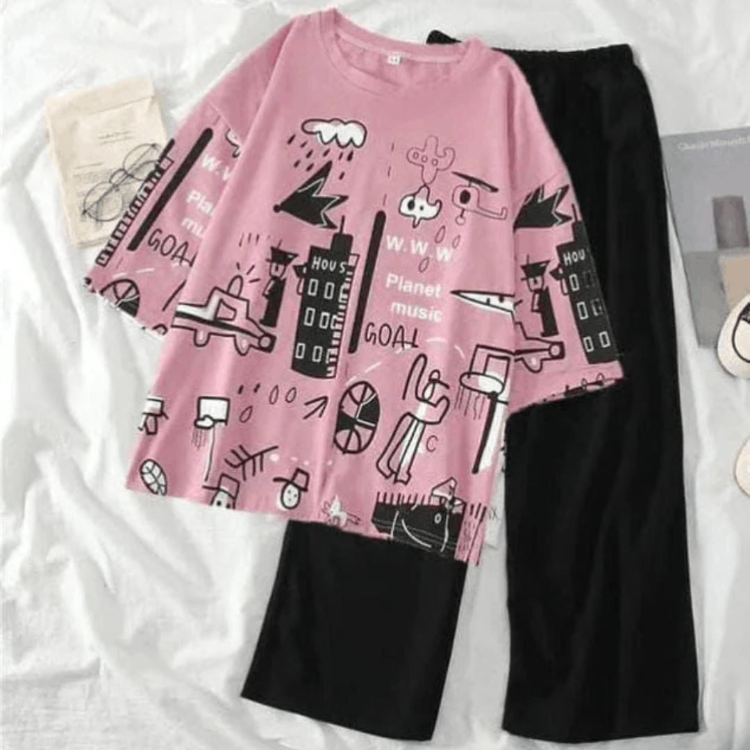 Pink Planet Music With Black Pajama Printed Night Suit