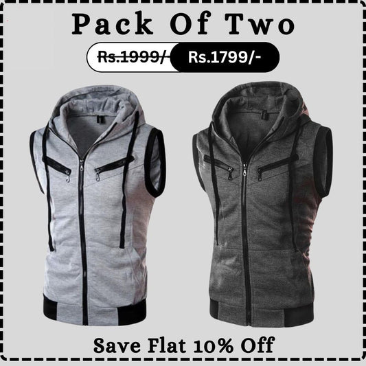 Grey With Charcoal Sleeveless Hooded Zipper Pack Of Two