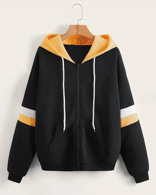 Black with Yellow and White Stripes Zipper Hoodie